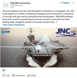 Social media marketing agency screenshot of EMCORE LinkedIn update to show example of company updates