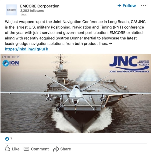 Social media marketing agency screenshot of EMCORE LinkedIn update to show example of company updates