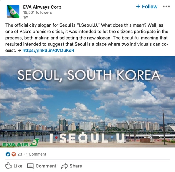 Social media marketing agency screenshot of EVA Air LinkedIn post with infographic