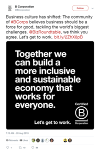 social media marketing agency screenshot of B Corporation Twitter tweet mission statement showing values mission