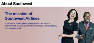 social media marketing agency screenshot of Southwest Airlines mission statement for example of core values