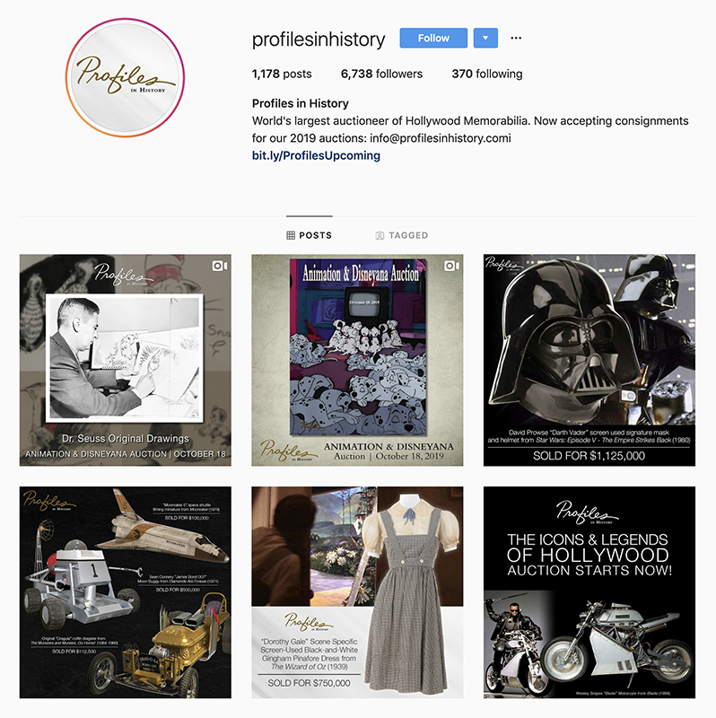 Digital marketing agency screenshot of Profiles in History Instagram feed to show cohesive visual elements posts