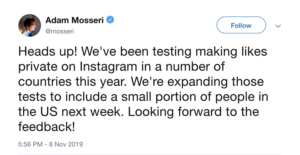 Instagram management screenshot of Adam Mosseri tweet about hidden Instagram likes update