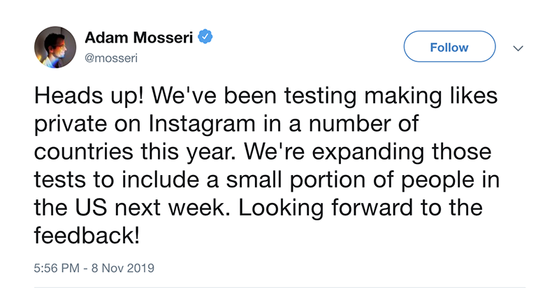 Instagram management screenshot of Adam Mosseri tweet about hidden Instagram likes update