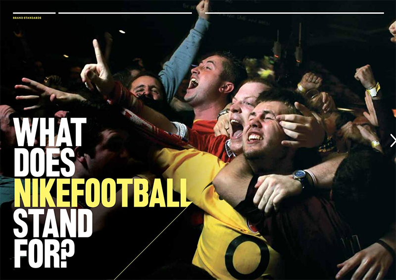 Content creation company screenshot of Nike Football brand book to show example of style guides.