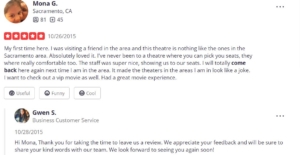 Yelp screenshot of Galaxy Theatres to show example of up-selling to existing customers.