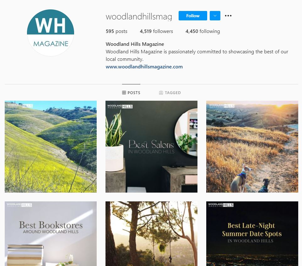 Instagram account screenshot of Woodland Hills Magazine to show proper feed