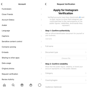 Instagram marketing agency screenshot of application to request verification