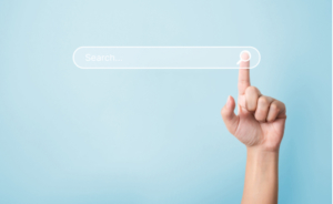 Instagram marketing agency search bar with hand on blue background