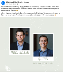Birthday and workaversary post on social media for the team
